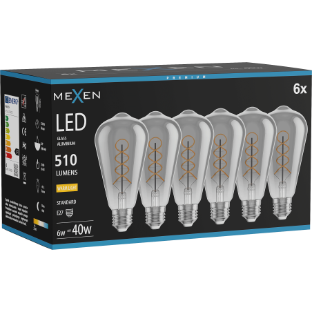 Mexen Vintis 6x Λάμπα νήματος σπείρας LED E27, ST64, 6W, Θερμή - 2700K, 510 lm, καπνιστή