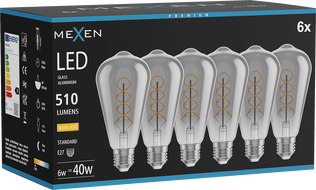 Mexen Vintis 6x hõõglamp filament spiraal LED E27, ST64, 6W, Soe - 2700K, 510 lm, suits - L162-E27-0627-70x06