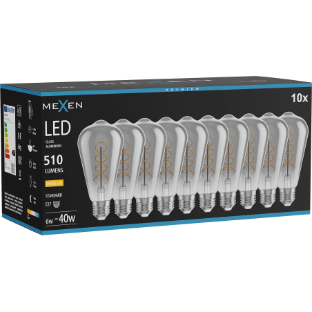 Mexen Vintis 10x Λάμπα LED νήμα σπείρα E27, ST64, 6W, Θερμό - 2700K, 510 lm, καπνιστό
