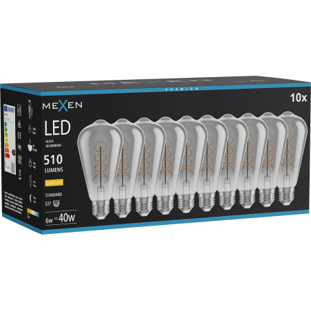 Mexen Vintis 10x LED spuldze ar spirāli un pavedienu E27, ST64, 6W, Silta - 2700K, 510 lm, dūmu - L162-E27-0627-70x10