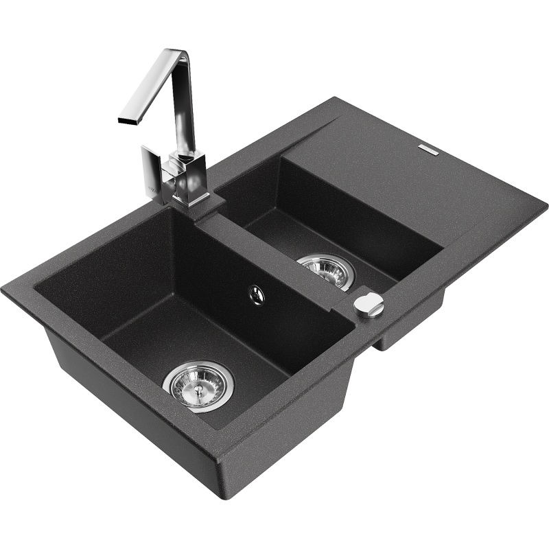 Mexen Gaspar fregadero de granito 1,5 senos con escurridor y grifo de cocina Rita, negro moteado - 6507-76-670300-00