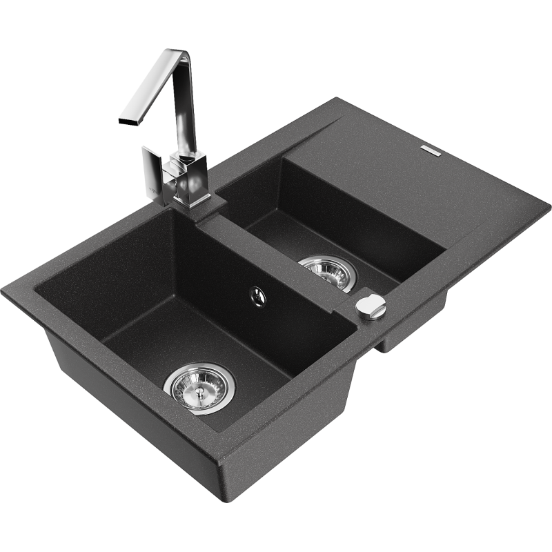 Mexen Gaspar granite sink 1.5-bowl with drainer and Rita kitchen tap, black speckled - 6507-76-670300-00