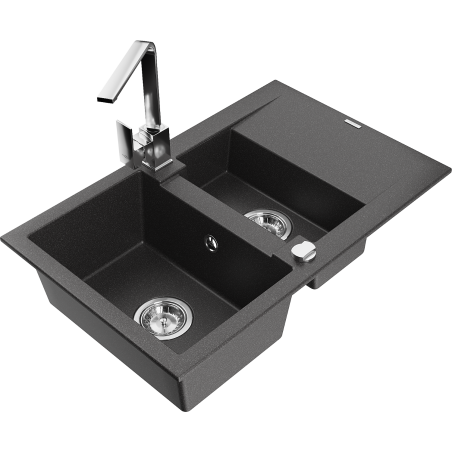 Mexen Gaspar granite sink 1.5-bowl with drainer and Rita kitchen tap, black speckled - 6507-76-670300-00