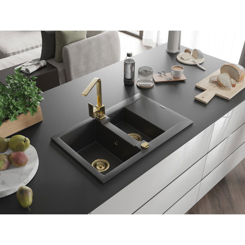 Mexen Gaspar 1.5-bowl granite sink with drainer and Rita kitchen tap, black speckled - 6507-76-670300-50