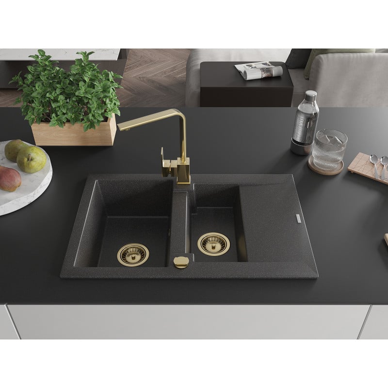 Mexen Gaspar fregadero de granito de 1,5 senos con escurridor y grifo de cocina Rita, negro moteado - 6507-76-670300-50