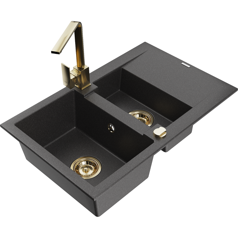 Mexen Gaspar lava-louça de granito de 1,5 compartimento com escorredor e torneira de cozinha Rita, preto salpicado