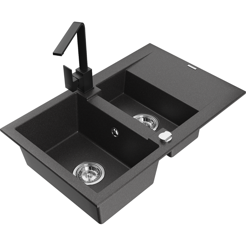 Mexen Gaspar granite sink 1.5-bowl with drainer and Rita kitchen tap, black speckled - 6507-76-670300-70