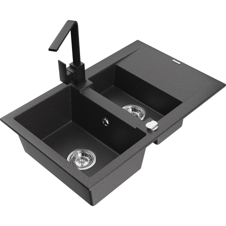 Mexen Gaspar granite sink 1.5-bowl with drainer and Rita kitchen tap, black speckled - 6507-76-670300-70
