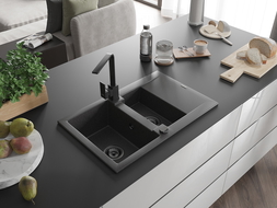 Mexen Gaspar Granit-Spullsteen 1,5-Kummer mat Drëpschaft an Kichenkran Rita, schwaarz gesprenkelt - 6507-76-670300-70-B