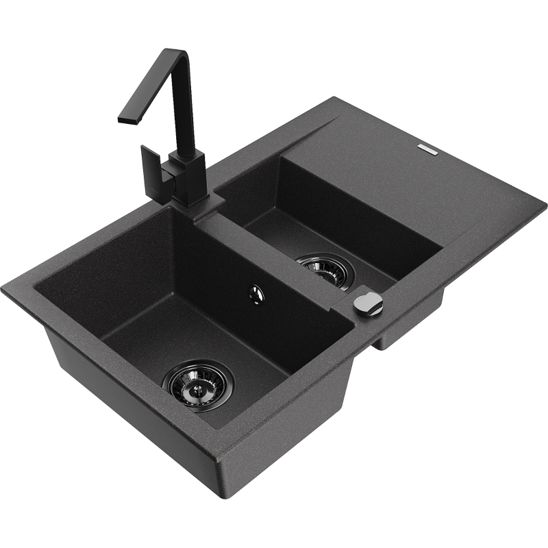 Mexen Gaspar lava-loiça de granito 1,5 bacias com escorredor e torneira de cozinha Rita, preto salpicado - 6507-76-670300-70-B