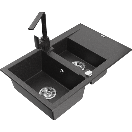 Mexen Gaspar fregadero de granito 1,5 cubetas con escurridor y grifo de cocina Rita, negro moteado - 6507-76-670300-76