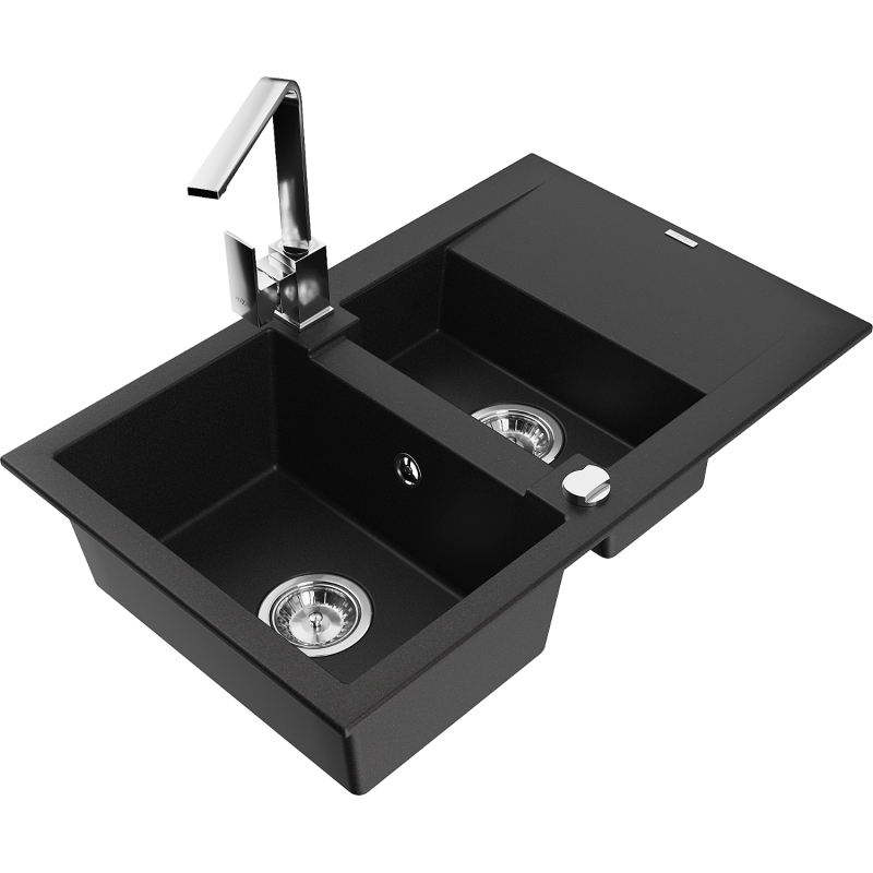 Mexen Gaspar fregadero de granito de 1,5 senos con escurridor y grifo de cocina Rita, negro - 6507-77-670300-00