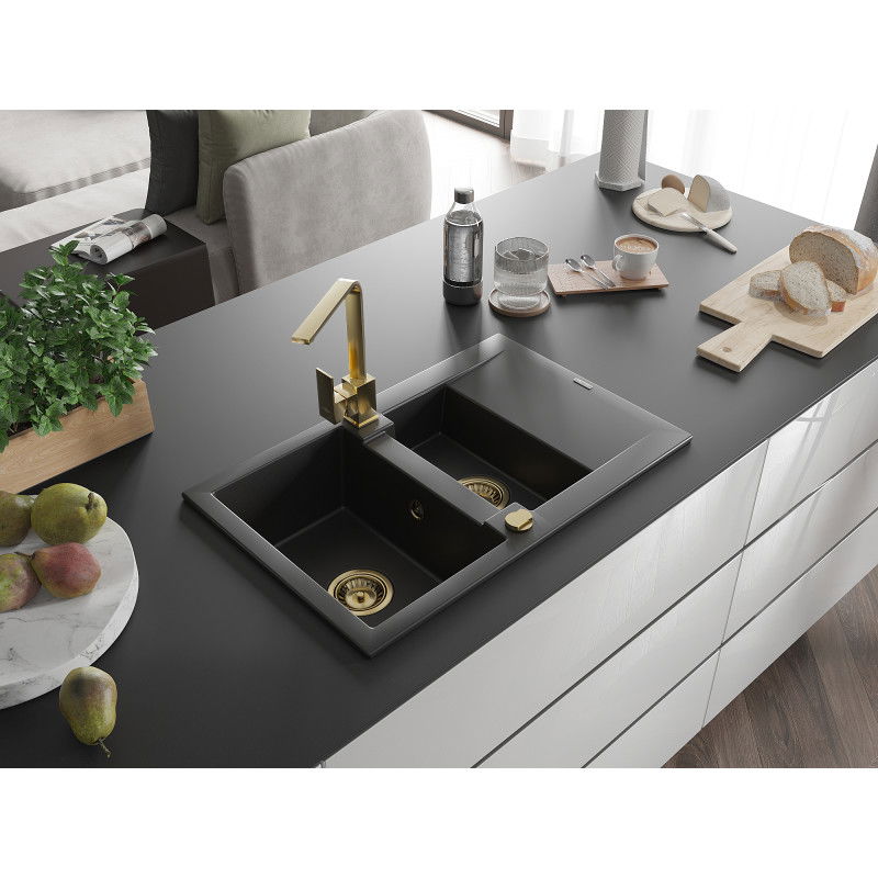 Mexen Gaspar granite sink with 1.5 bowls and drainer, kitchen tap Rita, black - 6507-77-670300-50