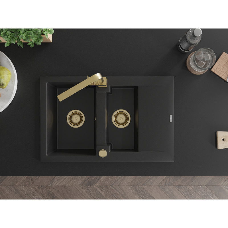 Mexen Gaspar Granit Spulltisch mat 1,5 an engem Drainage an enger Kichenkran Rita, schwaarz - 6507-77-670300-50