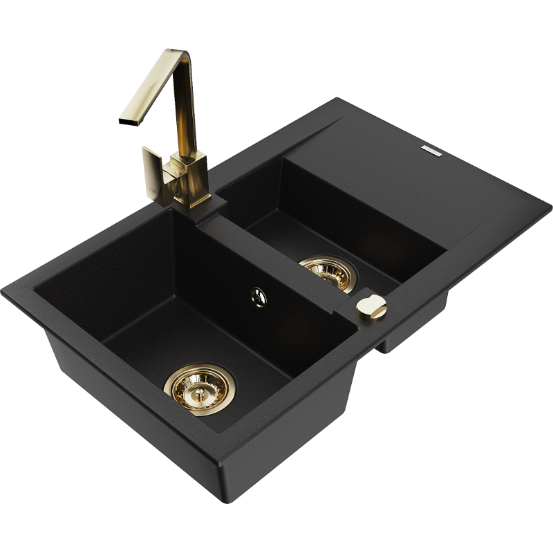 Mexen Gaspar fregadero de granito 1,5 cuencas con escurridor y grifo de cocina Rita, negro - 6507-77-670300-50