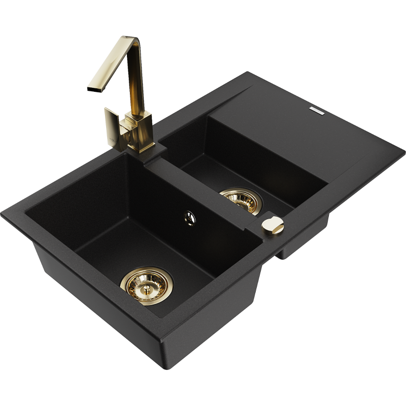 Mexen Gaspar granite sink with 1.5 bowls and drainer, kitchen tap Rita, black - 6507-77-670300-50