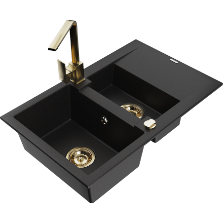 Mexen Gaspar granite sink with 1.5 bowls and drainer, kitchen tap Rita, black - 6507-77-670300-50