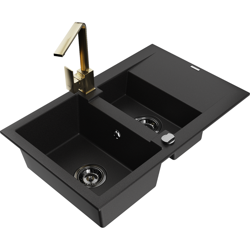 Mexen Gaspar lava-loiça de granito 1,5-comprimento com escorredor e torneira de cozinha Rita, preto - 6507-77-670300-50-B