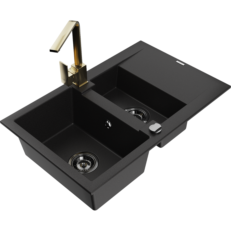 Mexen Gaspar lavello in granito 1,5 vasche con sgocciolatoio e rubinetto da cucina Rita, nero - 6507-77-670300-50-B