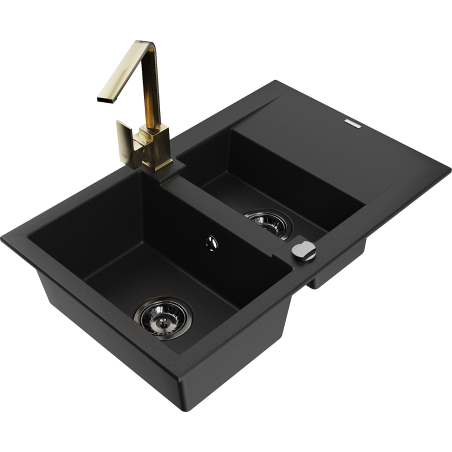 Mexen Gaspar lavello in granito 1,5 vasche con sgocciolatoio e rubinetto da cucina Rita, nero - 6507-77-670300-50-B
