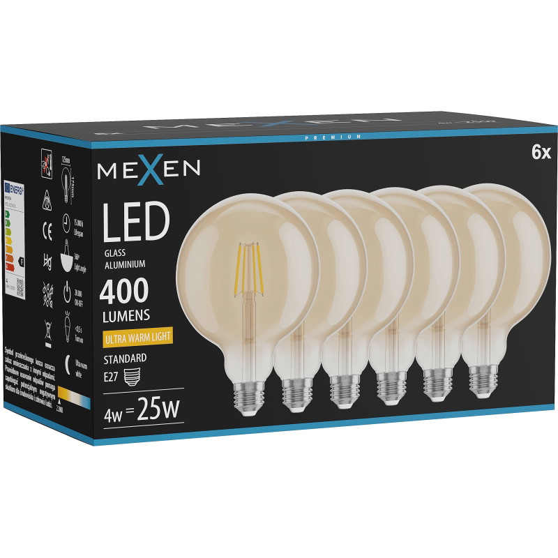 Mexen Vintis 6x Filament LED-lamppu E27, G125, 4W, Lämmin - 2200K, 400 lm, meripihka - L158-E27-0422-50x06