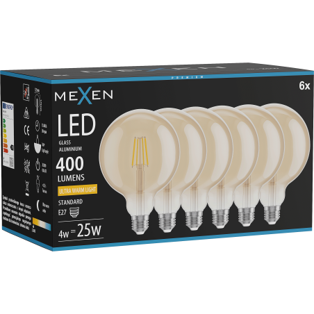 Mexen Vintis 6x Lampadina filament LED E27, G125, 4W, Calda - 2200K, 400 lm, ambra - L158-E27-0422-50x06