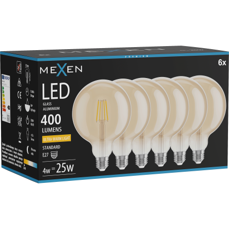 Mexen Vintis 6x LED diegu spuldze E27, G125, 4W, Silta - 2200K, 400 lm, dzintars - L158-E27-0422-50x06