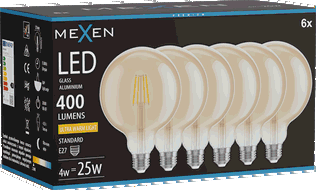 Mexen Vintis 6x LED diegu spuldze E27, G125, 4W, Silta - 2200K, 400 lm, dzintars - L158-E27-0422-50x06