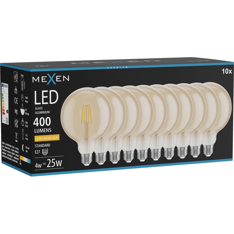 Mexen Vintis 10x LED filament lamp E27, G125, 4W, Warm - 2200K, 400 lm, amber - L158-E27-0422-50x10