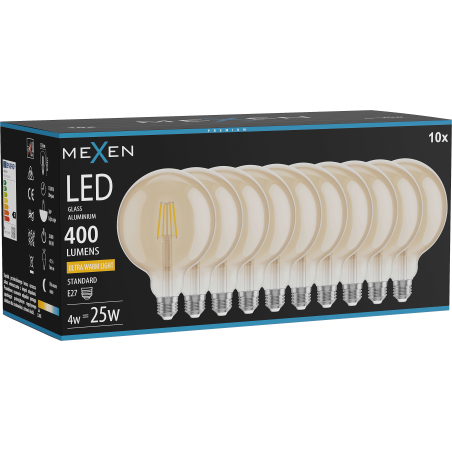 Mexen Vintis 10x LED-Filament-Glühbirne E27, G125, 4W, Warm - 2200K, 400 lm, Bernstein - L158-E27-0422-50x10