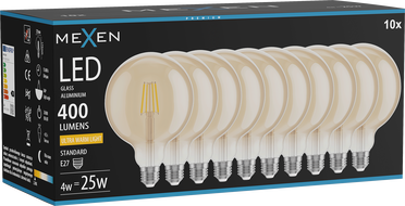 Mexen Vintis 10x LED Filament Bulb E27, G125, 4W, Warm - 2200K, 400 lm, amber - L158-E27-0422-50x10