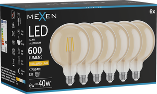 Mexen Vintis 6x LED-filamentlamp E27, G125, 6W, Soe - 2200K, 600 lm, merevaik - L158-E27-0622-50x06