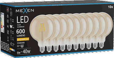 Mexen Vintis 10x LED kvēldiega spuldze E27, G125, 6W, Silta - 2200K, 600 lm, dzintars - L158-E27-0622-50x10