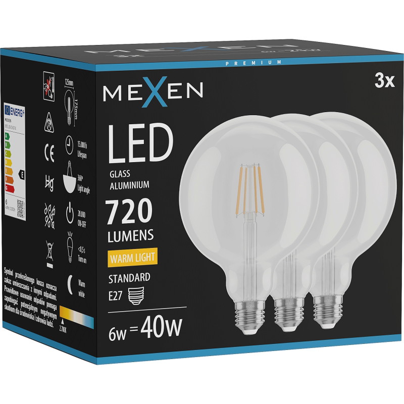 Mexen Vintis 3x LED-Filamentlampe E27, G125, 6W, Warm – 2700K, 720 lm, klar - L158-E27-0627-00x03
