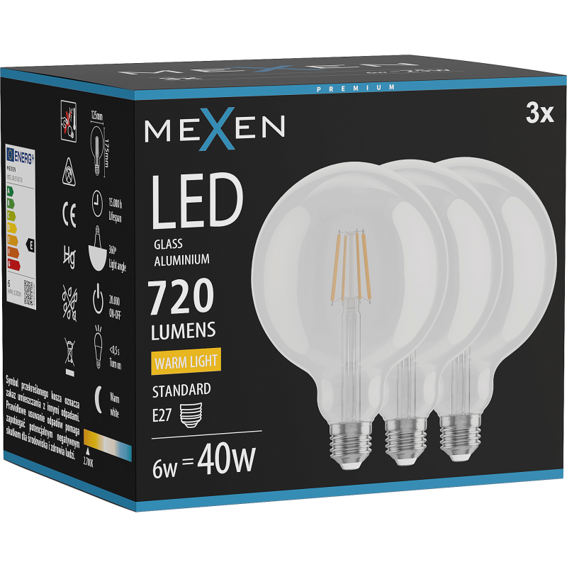 Mexen Vintis 3x żarówka filament LED E27, G125, 6W, Ciepła - 2700K, 720 lm, clear - L158-E27-0627-00x03
