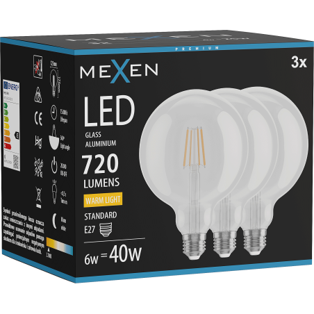 Mexen Vintis 3x LED E27 kvēldiega spuldze, G125, 6W, Silts - 2700K, 720 lm, dzidrs - L158-E27-0627-00x03