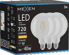 Mexen Vintis 3x LED E27 kvēldiega spuldze, G125, 6W, Silts - 2700K, 720 lm, dzidrs - L158-E27-0627-00x03
