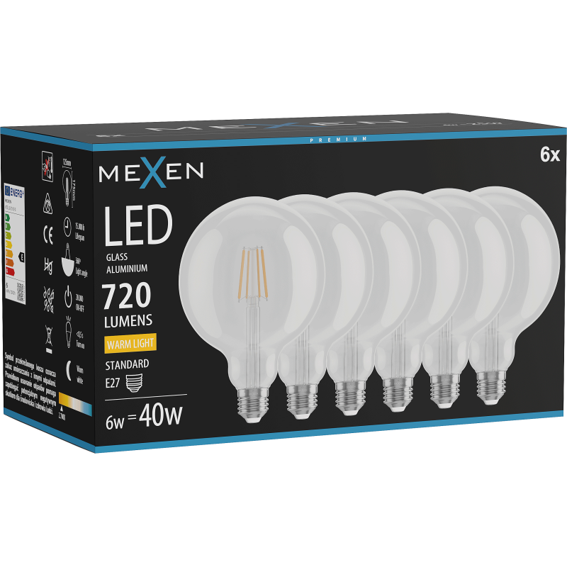 Mexen Vintis 6x Λάμπα νήματος LED E27, G125, 6W, Θερμή - 2700K, 720 lm, καθαρή - L158-E27-0627-00x06
