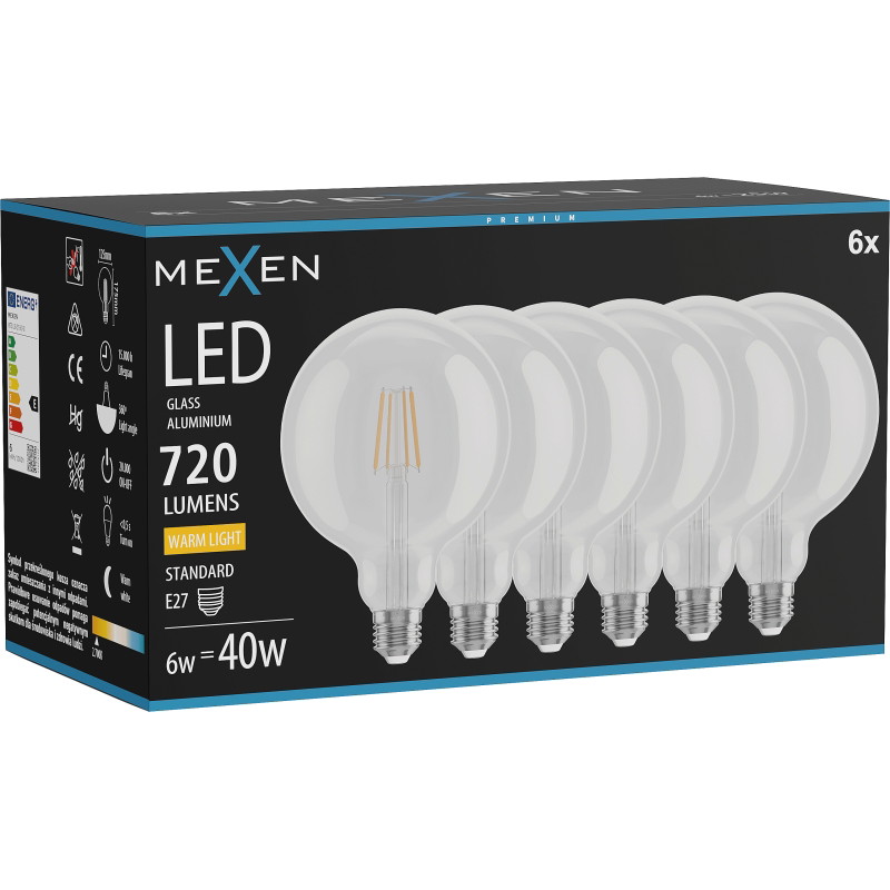 Mexen Vintis 6x LED filamentlamp E27, G125, 6W, Warm - 2700K, 720 lm, helder - L158-E27-0627-00x06