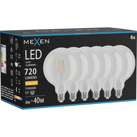 Mexen Vintis 6x LED-filamentlampa E27, G125, 6W, Varm - 2700K, 720 lm, klar - L158-E27-0627-00x06