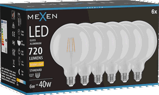 Mexen Vintis 6x LED kvēldiega spuldze E27, G125, 6W, Silta - 2700K, 720 lm, caurspīdīga - L158-E27-0627-00x06