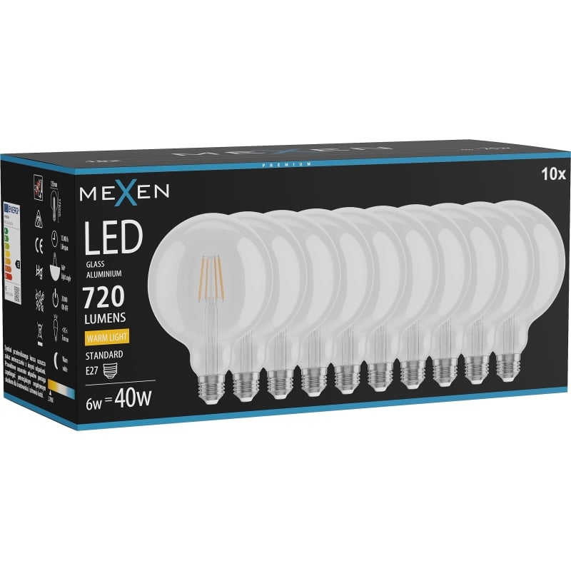 Mexen Vintis 10x lampadina a filamento LED E27, G125, 6W, Calda - 2700K, 720 lm, trasparente - L158-E27-0627-00x10