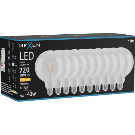 Mexen Vintis 10x lampadina a filamento LED E27, G125, 6W, Calda - 2700K, 720 lm, trasparente - L158-E27-0627-00x10