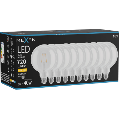 Mexen Vintis 10x LED filamentu spuldze E27, G125, 6W, Silta - 2700K, 720 lm, caurspīdīgs - L158-E27-0627-00x10