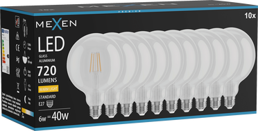 Mexen Vintis 10x Filamendi LED-pirn E27, G125, 6W, Soe - 2700K, 720 lm, selge - L158-E27-0627-00x10