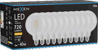 Mexen Vintis 10x LED filamentu spuldze E27, G125, 6W, Silta - 2700K, 720 lm, caurspīdīgs - L158-E27-0627-00x10