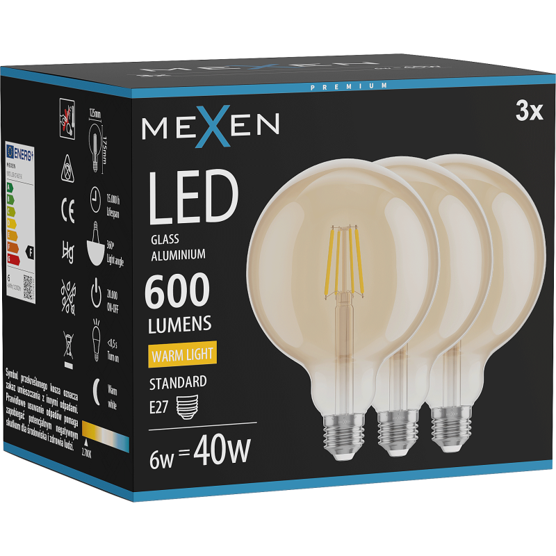 Mexen Vintis 3x LED filamenta spuldze E27, G125, 6W, Silta - 2700K, 600 lm, dzintars - L158-E27-0627-50x03