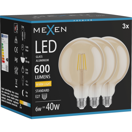 Mexen Vintis 3x Bombilla LED de filamento E27, G125, 6W, Cálida - 2700K, 600 lm, ámbar - L158-E27-0627-50x03
