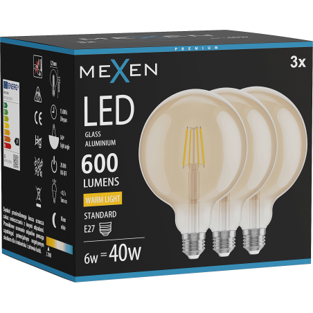 Mexen Vintis 3x LED filamenta spuldze E27, G125, 6W, Silta - 2700K, 600 lm, dzintars - L158-E27-0627-50x03