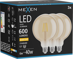 Mexen Vintis 3x LED E27 hõõgniidiga pirn, G125, 6W, Soe - 2700K, 600 lm, merevaik - L158-E27-0627-50x03